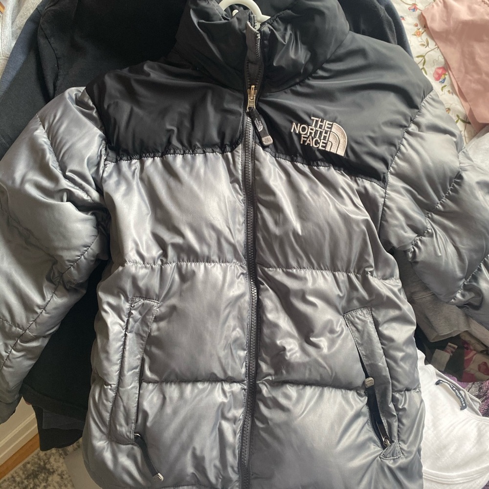 grey and black North Face nuptse 700 puffer coat